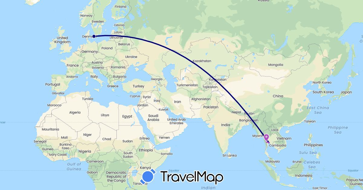 TravelMap itinerary: driving, plane, train in Denmark, Thailand (Asia, Europe)